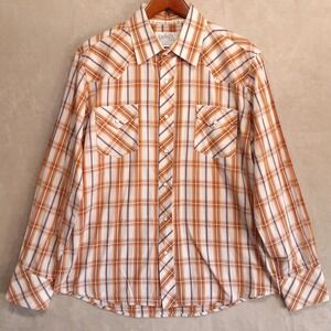 Cowboy Up Mens L/S Pearl Snap Button Shirt Sz.L/Orange-White Plaid/Western